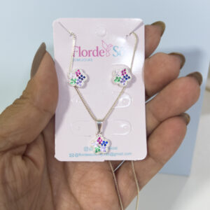 Conjunto Flor Zircônia colorida-Banho de Prata