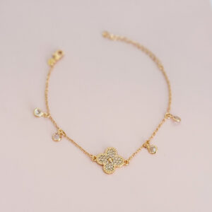 Pulseira Flor  Cravejada  Pingentes Zircônias-22cm