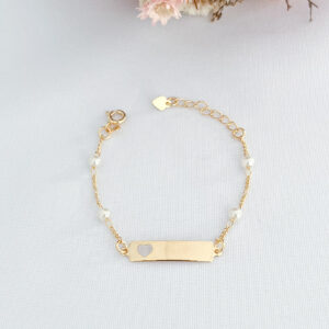 Pulseira infantil Placa Pérolas Coração Vazado-14cm