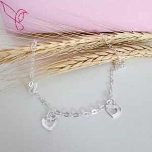 Pulseira Pingentes Corações Prata 925-18cm