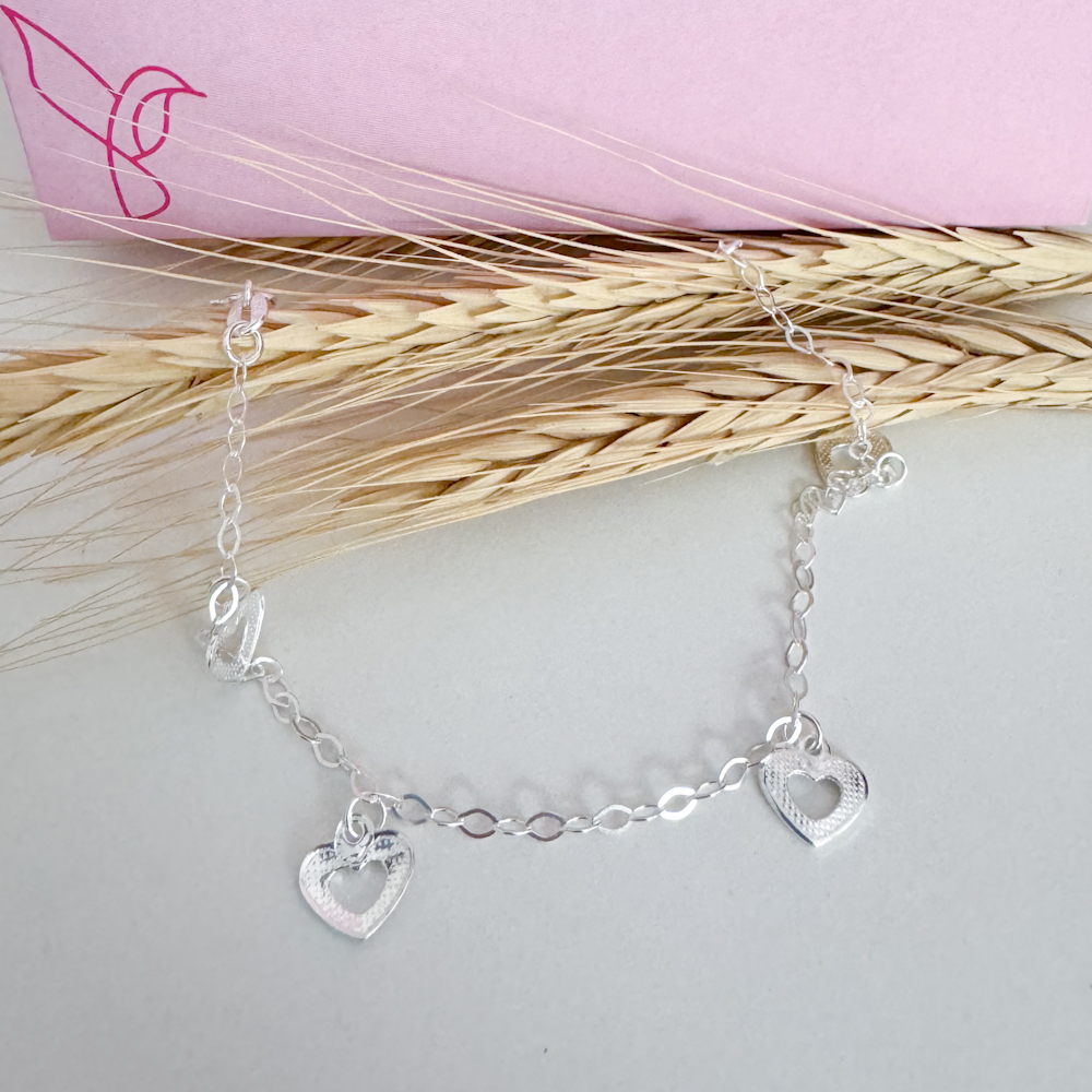 Pulseira Pingentes Corações Prata 925-18cm
